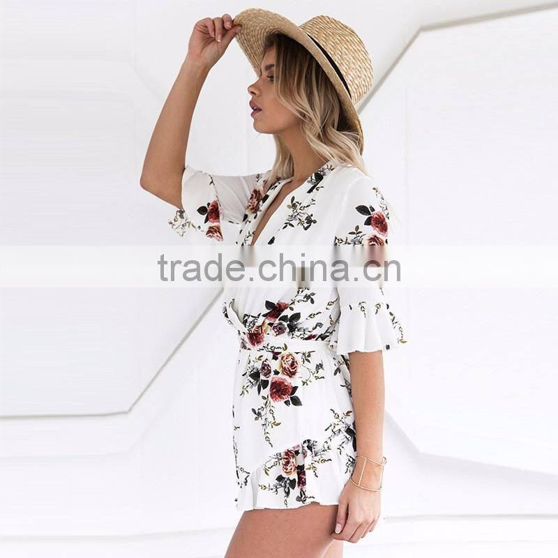 2017 new chiffon white chiffon romper , women floral jumpsuits
