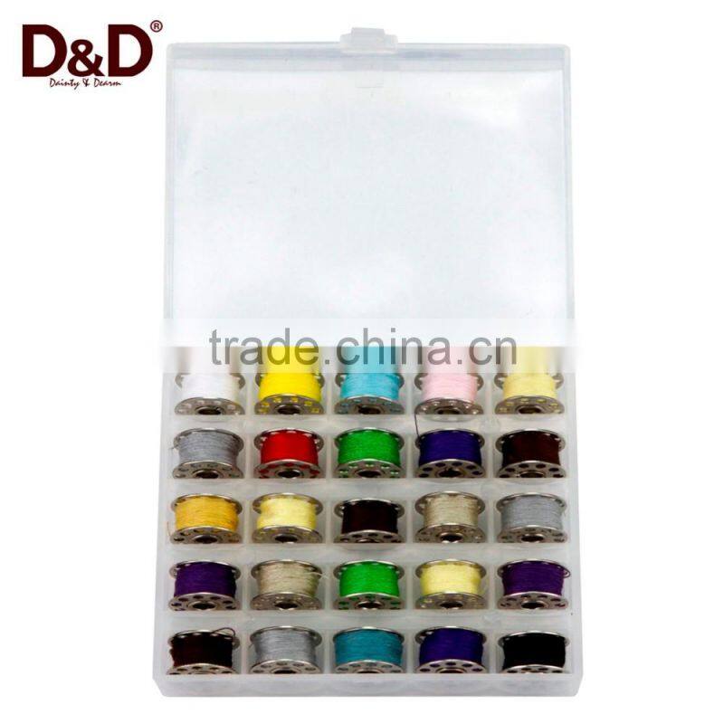 25 Color MixPolyester Threads With Metal Bobbins Spool One Transparent Plastic Box For Old Domestic Sewing Machine Tools