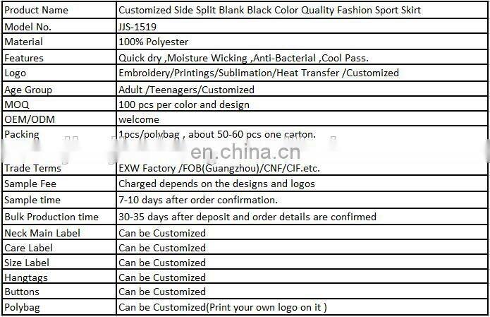 Customized Side Split Blank Black Color Quality Fashion Sport Skirt