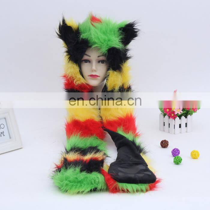 Small Oder Qty Wholesale Russian Style Women Faux Fur Hooded Scarf Animal Hat