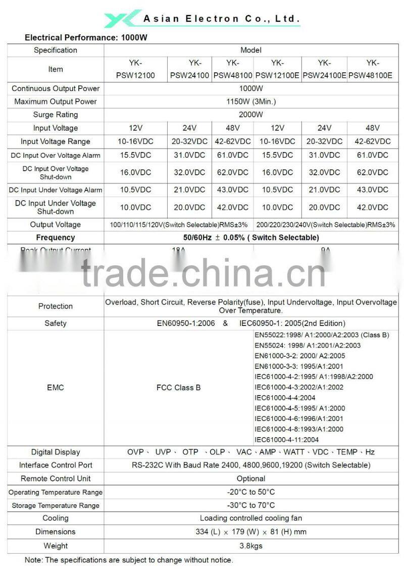1000W power inverter with 100~120VAC or 200~240VAC output CE LVD FCC Class B