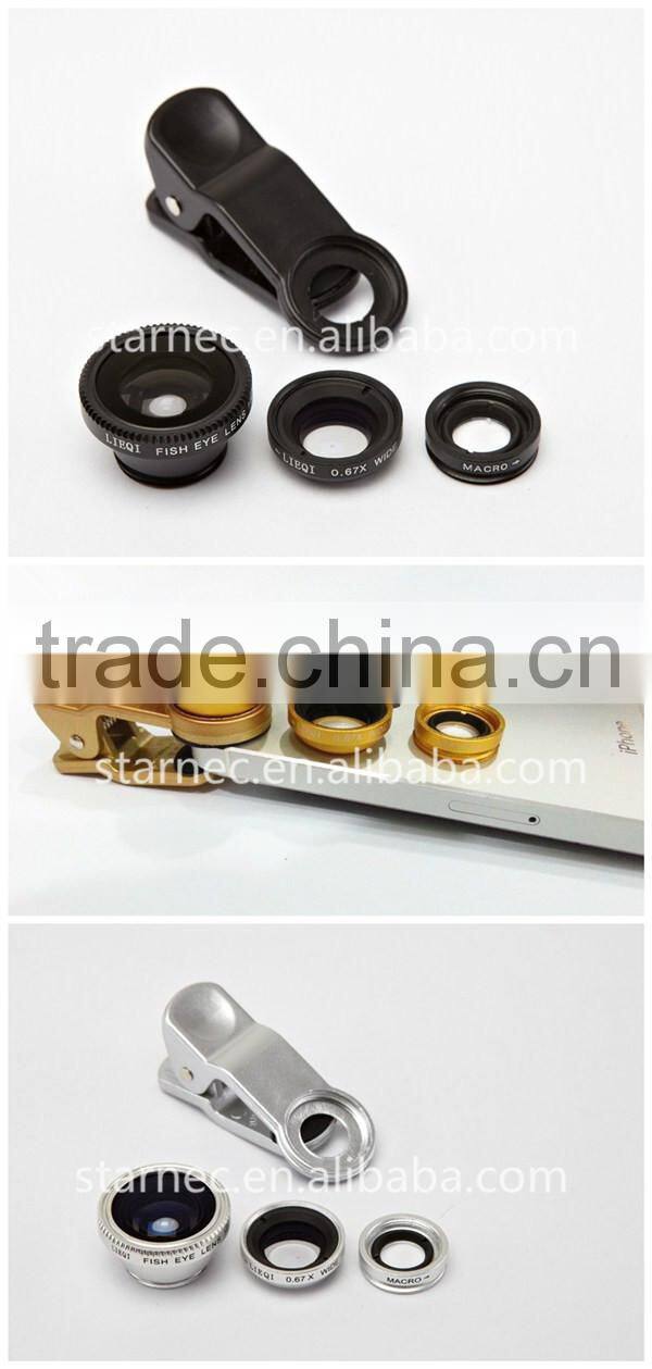2014 Promotion Gift LIEQI 3 in 1 Universal Clip Lens With Fisheye Lens, Wide angle Lens, Macro Lens,