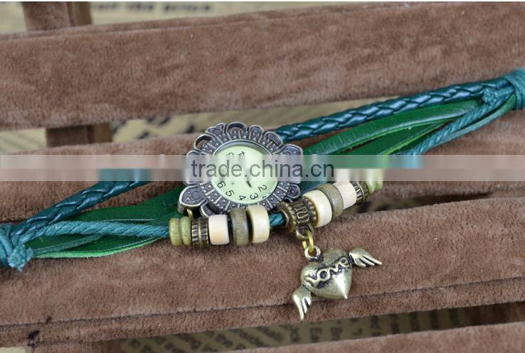 wholesale New style Retro metal Fashion Leather Bracelet Water Quartz Hand Clock Women Wrist Watch ,antique gold filled watch