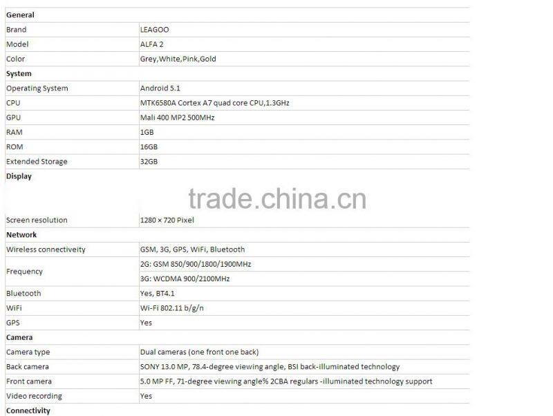 5.0 inch Origin Leagoo Alfa 2 mobile phone 3G smartphone MTK6580A Quad-Core 1GB RAM 16GB ROM Android 5.1 cell phones