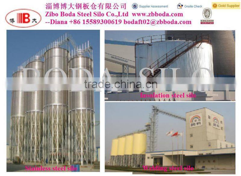Roof grain scraper / chain conveyor on steel silo with catwalk for supporting