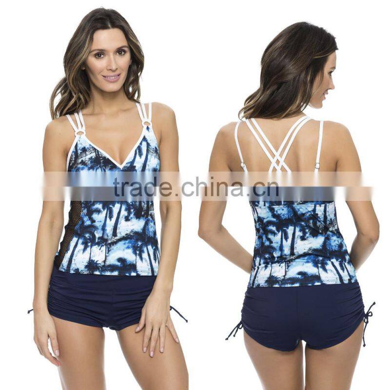 Spaghetti Strap Coconut Tree Digital Printing Sexy Women Bathing Suits Beach Tankini PW- SMR8074