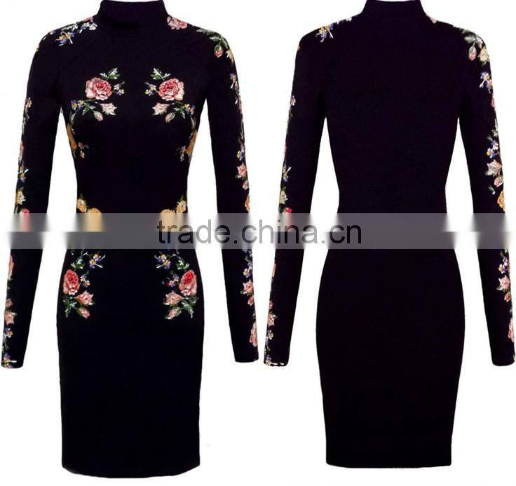 2016 Autumn New Arrival 3D Floral Print Stand Collar Bodycon Dresses Black Long Sleeve Midi Dresses OXL141117