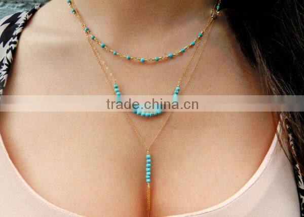 Cheap fashion simple geometric turquoise beaded multilayer short necklace