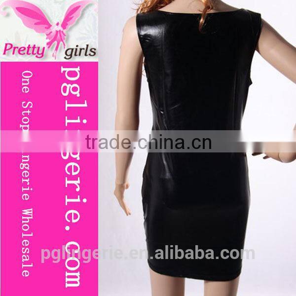 New Women's Sleeveless Faux-Leather Black V Neck Tight Mini-skirt