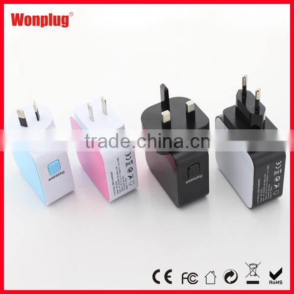 2 port USB multi use mobile phone home charger with 4 interchangeable EU US UK AU plug