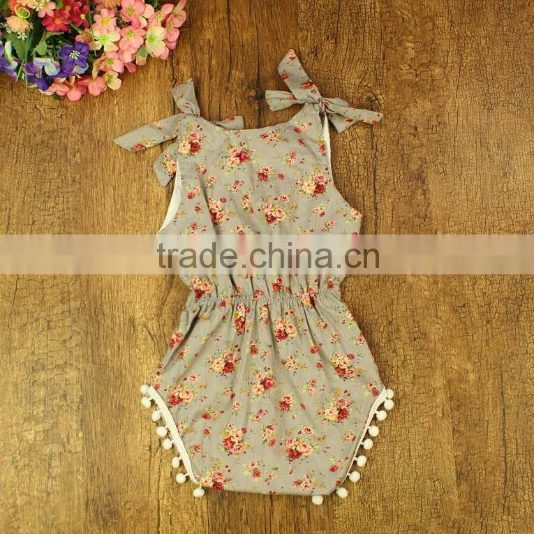 Wholesale baby clothes cheap girl floral knit cotton romper with pom pom cotton baby clothing floral vintage girls bodysuits