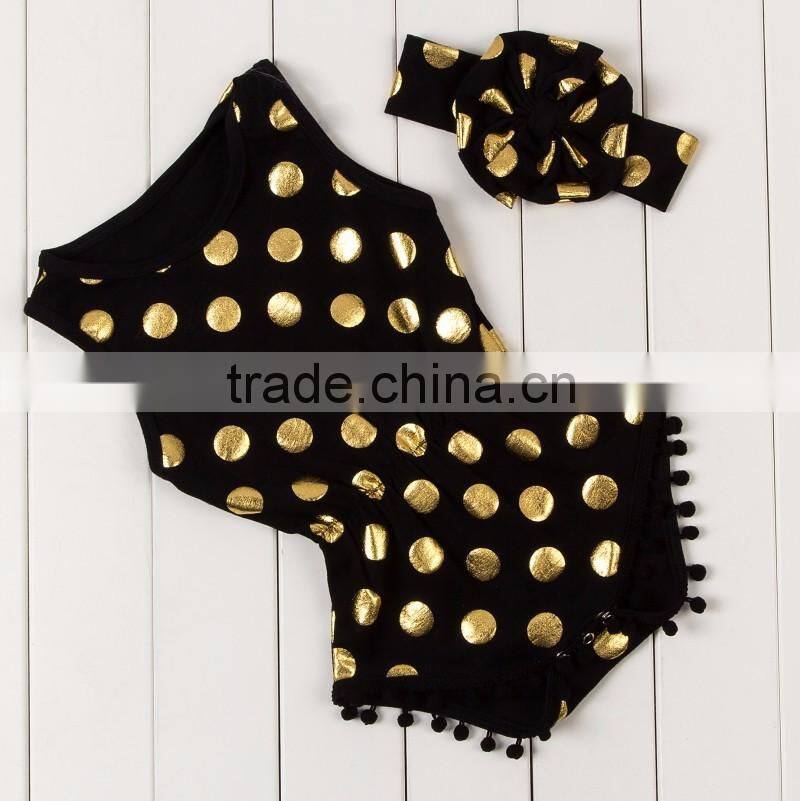 Pretty pom pom trimmed play suit romper black gold polka dot baby romper gold polka dots princess bubble romper for birthday