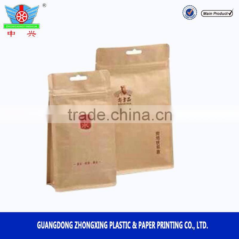 Standing side gusset PE lined kraft paper packaging quad seal flat block bottom food bag