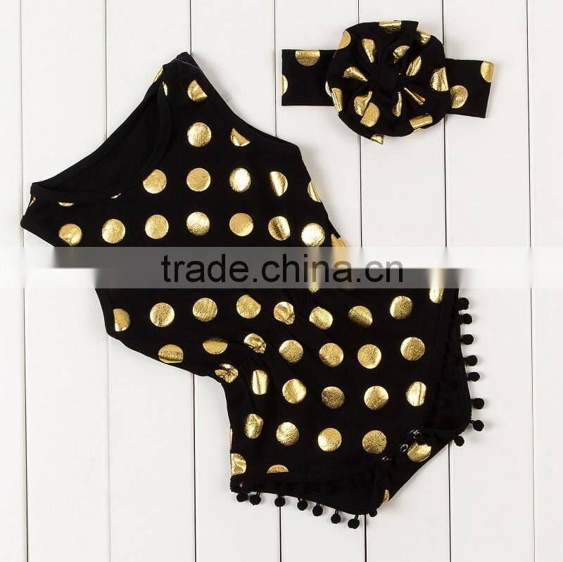 Wholesale baby girls summer clothes romper set with pom pom gold polka dots cotton onesie