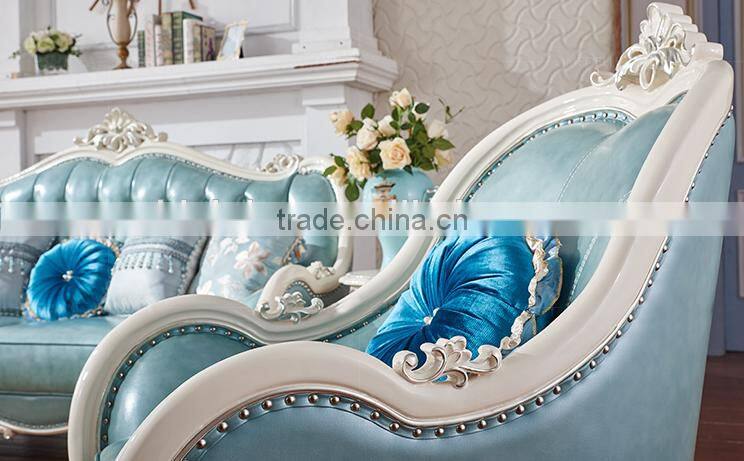 White color solid wood frame blue genuine leather 1+2+3 sofa set