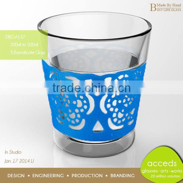 Decorative Sleeve Attched Doube Wall Glass Milk Cup In 2014