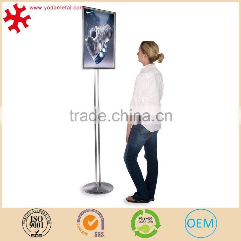 Adjustable height tilting metal poster display stand with snap frame
