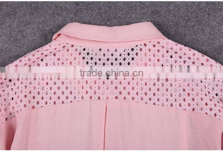 Beautiful Cutwork blouse 2015 trendy pink women chiffon blouse
