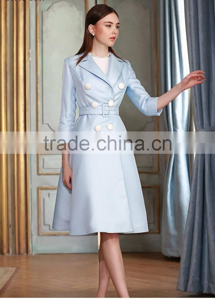 Classic Elegant Ladies Pinched Waist Solid Color Double Breasted Long windbreaker Wind Coat