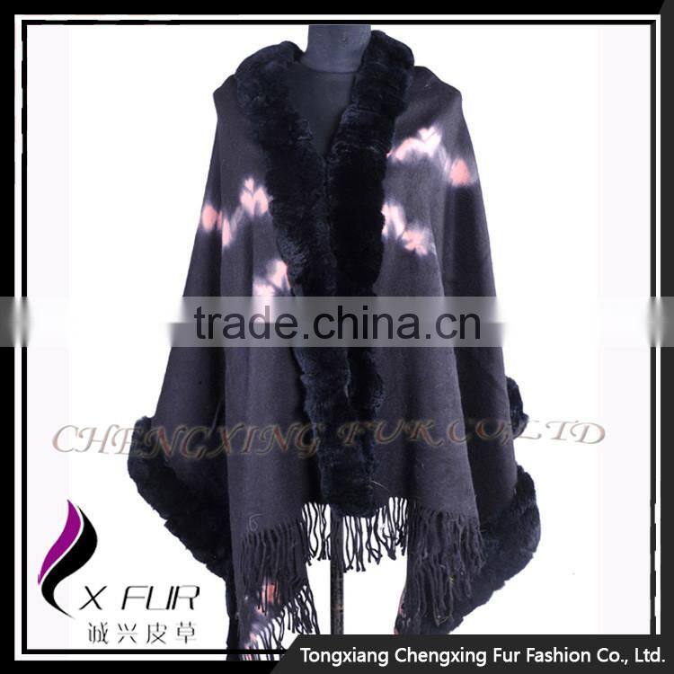 CX-B-P-48B 2016 Ladies Latest Rex Rabbit Fur Trim Shawls and Scarves Pashmina
