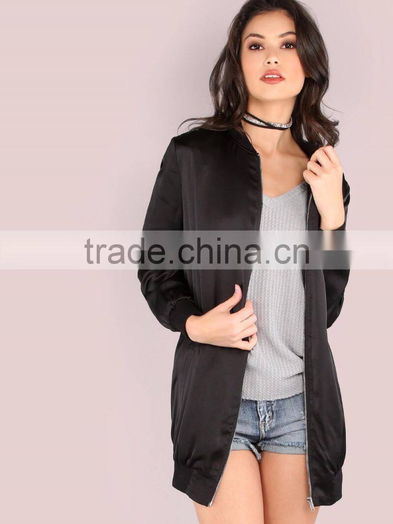 Black Rose Embroidered Bomber Jacket 100% Polyester Vintage Casual Back Silky Longline Winter Zipper Jacket