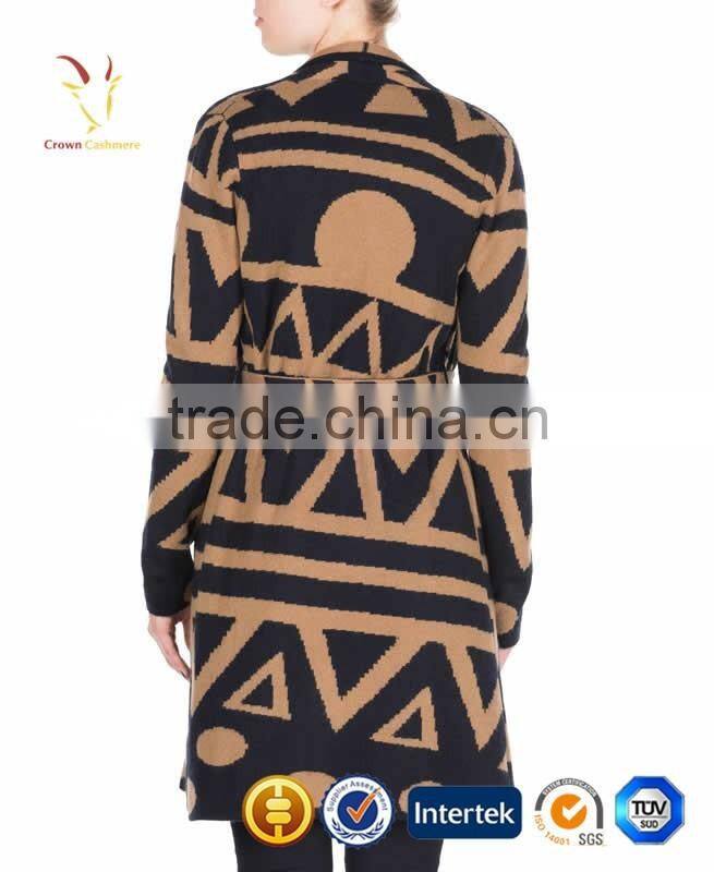 Intarsia Pattern Winter Cardigan Coat for Women with Belt