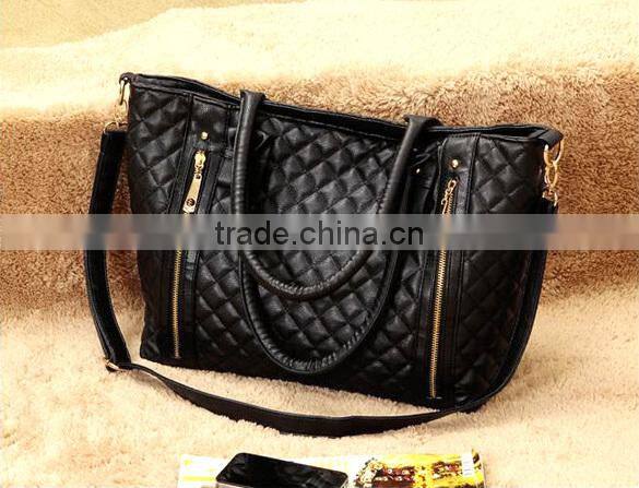 Black Retro Women Office Lady Quilted Shoulder Tote Bag Handbag