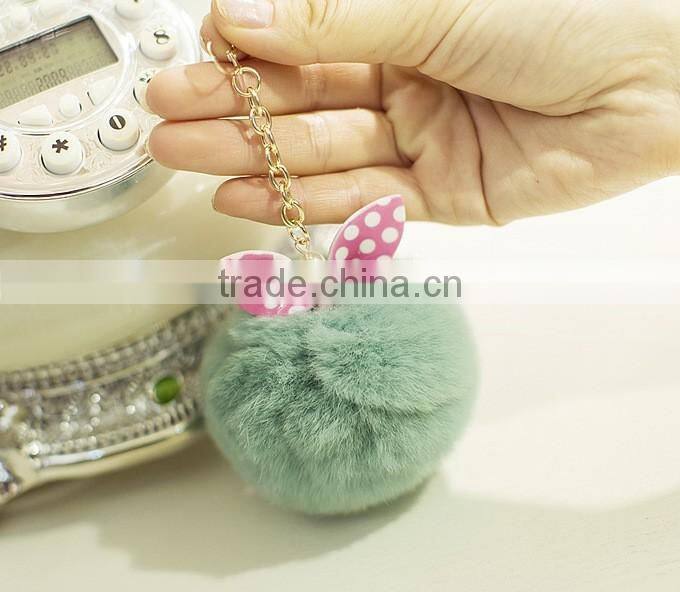 Hot selling New Rabbit Pom Pom Fur Ball Bow Cell Phone Keychain Pendant Charm Key Chain Mirror Case For iPhone