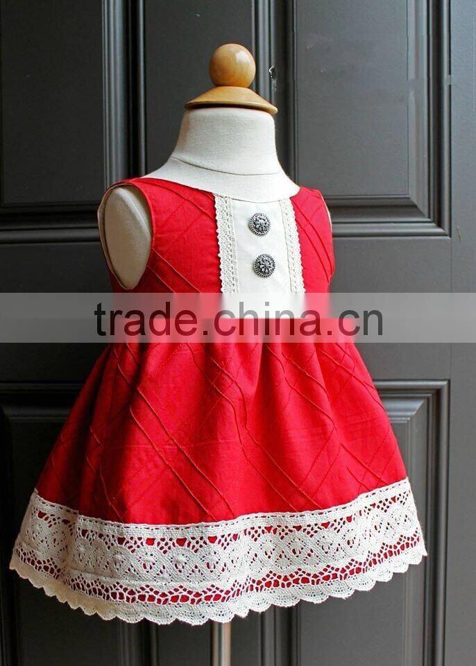 2017 New Arive Little Girls Red Christmas Party Dress Ivory Lace Crocheted Solid Color Dress