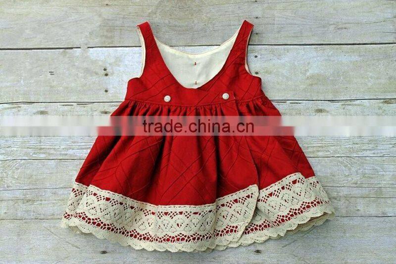2017 New Arive Little Girls Red Christmas Party Dress Ivory Lace Crocheted Solid Color Dress