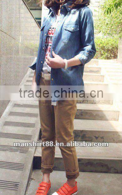 100% cotton washed women's top blouses denim shirts with 2 pockets and snap buttons