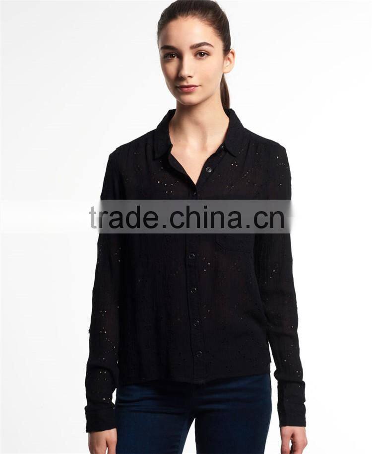 2017 Guangzhou Shandao Custom Elegant Autumn New White Cotton Long Sleeve Loose Ladies Blouse Collar Design