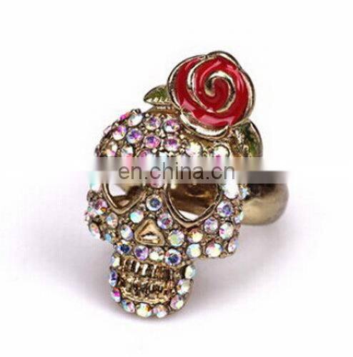 Fashion Jewelry High Quality Vintage Enamel Flower Rhinestone Skull Women's Alloy Finger Ring
