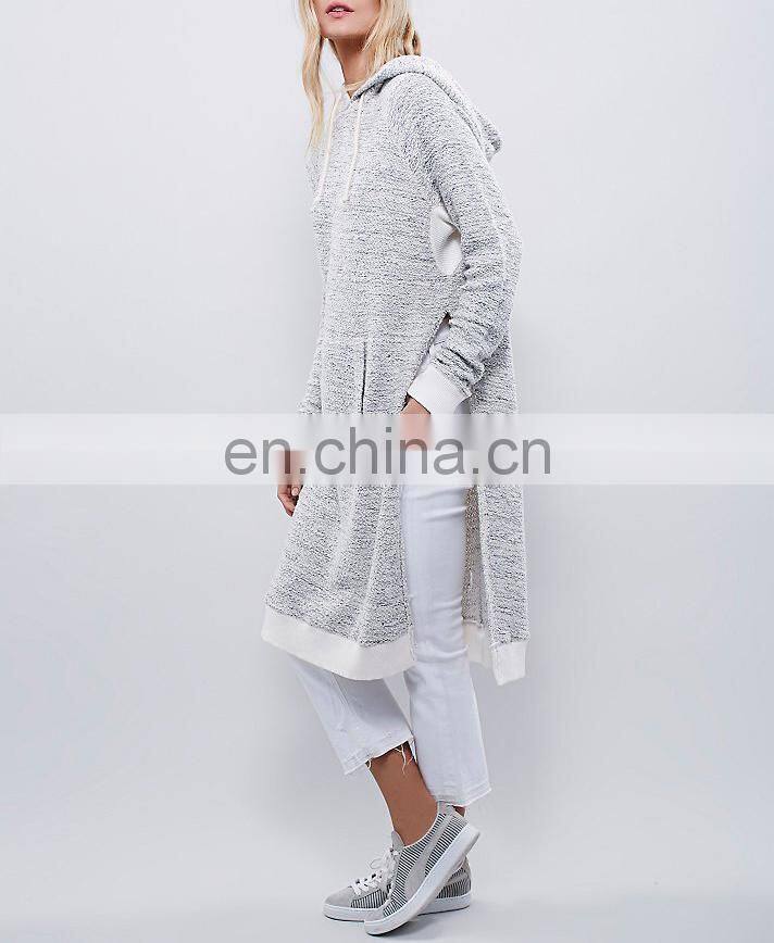 Exaggerated side vents and contrast ribbed trim kangaroo pocket maxi hoodie