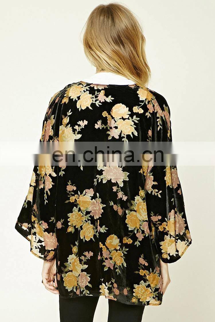Beautiful design floral print three quarter length sleeve contemporary velvet kimono CK009