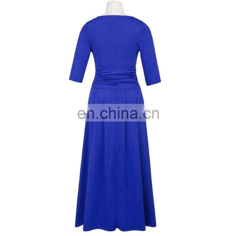 Hanna Nikole Women's Solid Color Plus Size 3/4 Sleeve V-Neck Blue Evening Party Dress HN0023-3