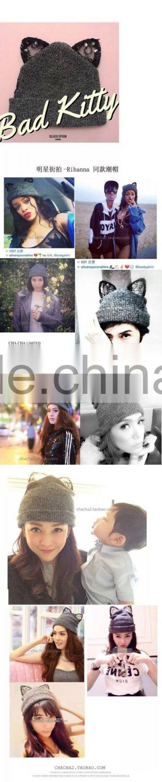 Hot Selling Super Star Rihanna Same Style Lace Cat Ear with Jewelry Embroidery Ladies Hat