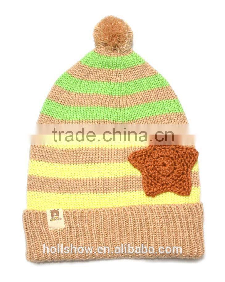 Hot Selling Star Applique Baby Boys Girls Stripe Knitted Pom Pom Baby Beanie Cap