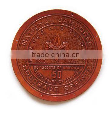 Custom debossed ,embossed round brown leather patch for jeans