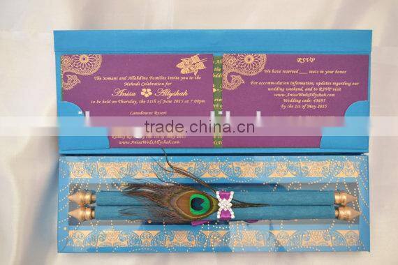 Peacock l theme Unique feather hotfoil gold in the box roya wedding invitation card