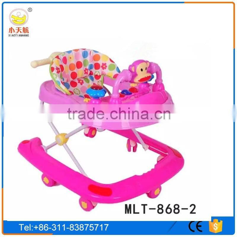 Cheap plastic wheels baby walker with 8 swivel wheels and adjustable pusher