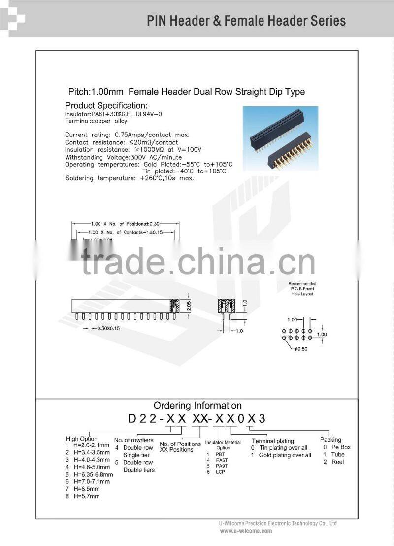 1.0mm Dual Row female header 180 Degree Dip Female header connector 2p 4p 6p 8p 10p 20p connector