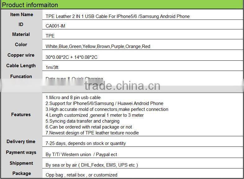 Factory price Supply 2 in 1 usb data cable flexible multi charger data cable for android and for htc phone