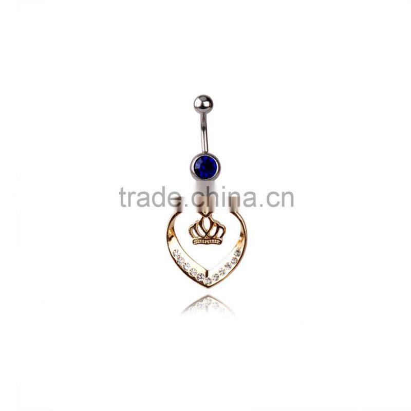 Multi Clear Gems Paved Glod Plated Heart With Crown in the Mid Dangle Belly Button Naval Ring.