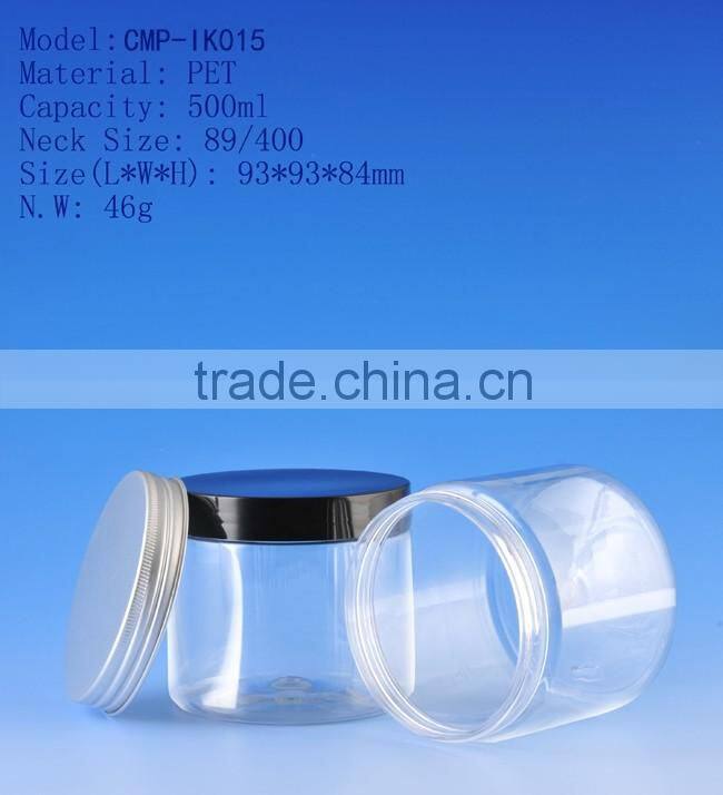 500ml colorful plastic PET jars, 500g cylinder cosmetic jar with aluminum screw cap