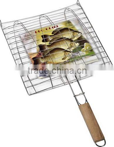 Wood Handle Rectangle BBQ Grill Grates Wire Mesh 32x19cm