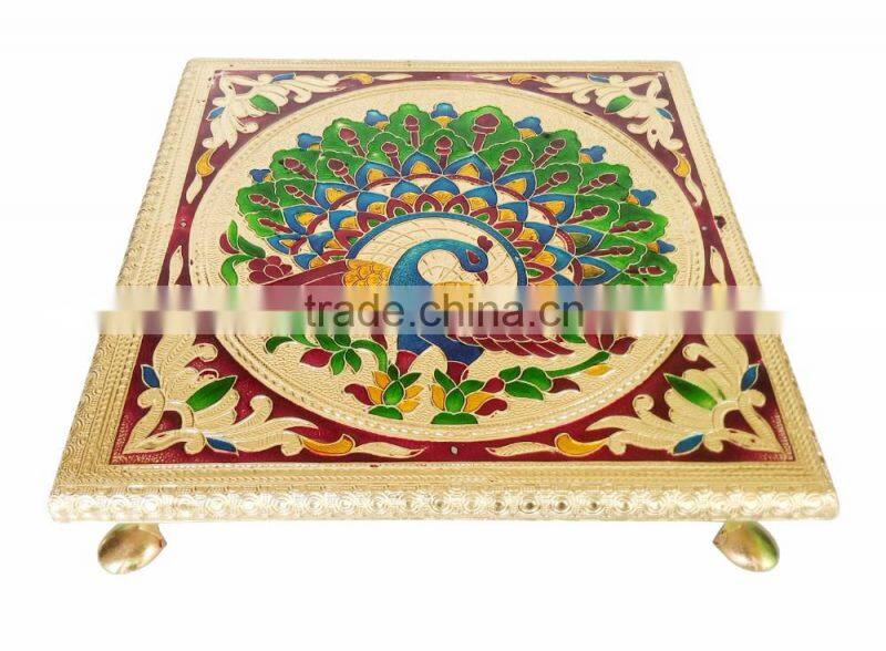 RAJWADI CHOWKI-PATLA / SITTING STOOL - PEACOCK DESIGNED WOODEN HANDMADE 10"x10"x2" CHOWKI PATLA-G.M.
