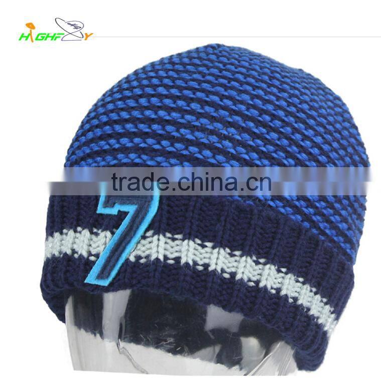 100% acrylic OEM custom felt applique knitted cuff beanie hat without pom pom