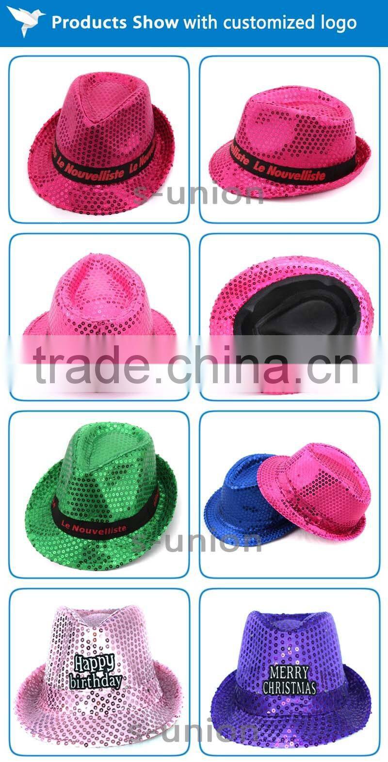 Cheap black personalized birthday glitter caps red gold kids costome mens funny led light up flashing sequins fedora party hats