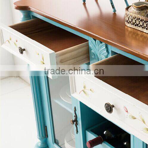 Mediterranean style solid wood hand painting dining room blue two doors sideboard; side cabinet